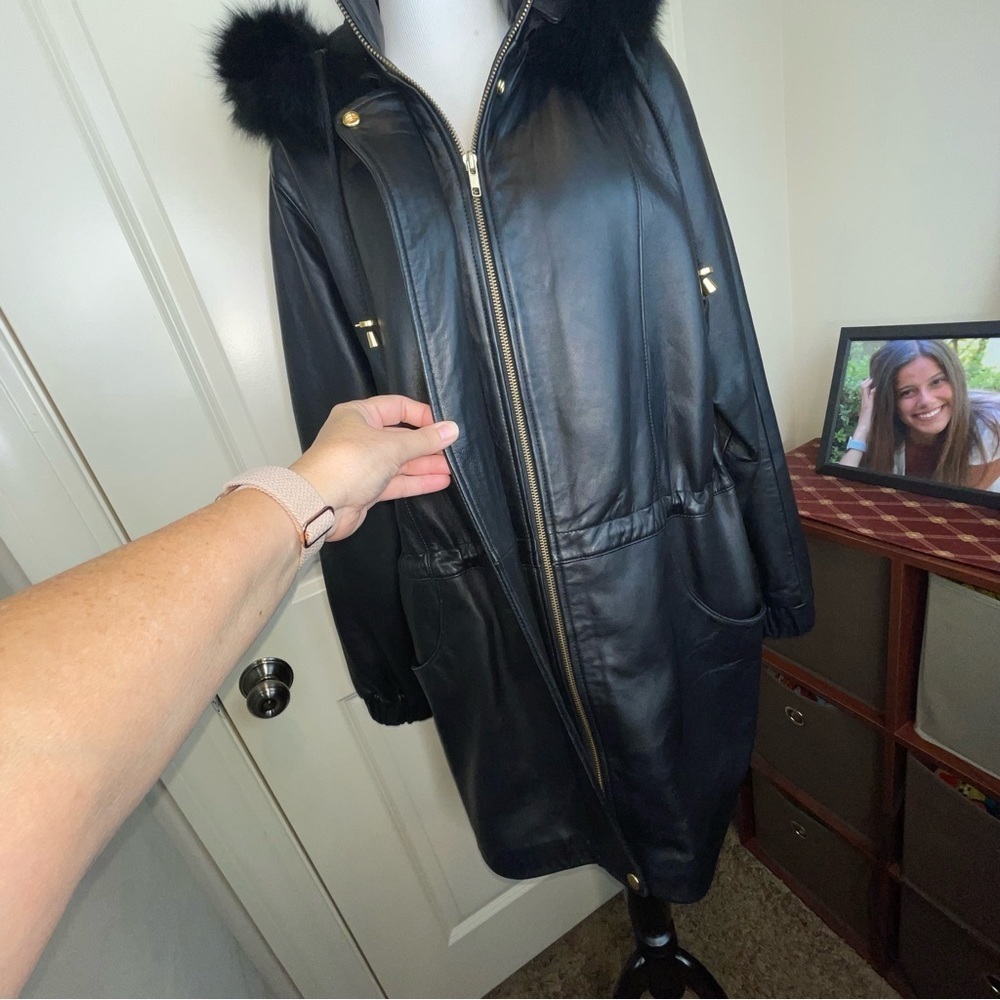 Worthington Lambskin Leather Coat Fur Lined Hood Drawstring Waist Size M - Picture 6 of 17